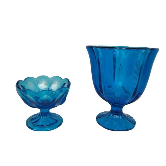 Vintage PAIR MCM Peacock Blue Pedestal Vase & Candy Dish LE Smith? MOD 7", 4" H - Picture 3 of 7